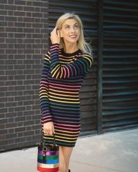 A rainbow sweater dress