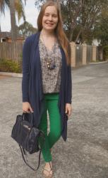 Two Ways To Wear Navy: With Green Or Purple Skinny Jeans