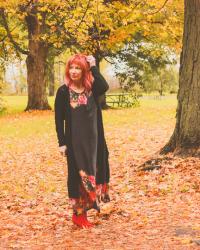 Eva Trends Rose Hem Silk Maxi Dress & Red Ankle Boots: Squirrel Moments