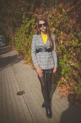 CHECKERED BLAZER, LEATHER SKIRT AND LEMON SWEATER