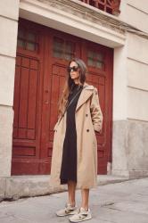 trench + lbd + sneakers