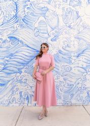A Pink Fit and Flare Midi Dress at an Amazing Tile Mural