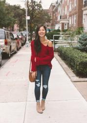 Red Oversized Sweater & Ripped Jeans