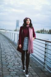 Burgundy Coat and Pink Beret