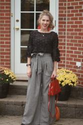 Grey Wide Leg Pants & Red Accessories 