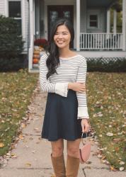 Navy Skirt & Suede Knee High Boots