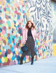 Pink Faux Fur Coat and Polka Dot Skirt