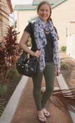 V-Neck Tees, Olive Pants and Printed Scarves