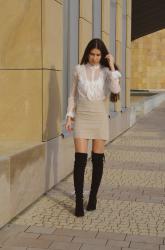 RUFFLE BLOUSE + OVERKNEE BOOTS 