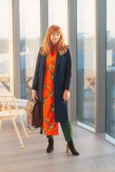 Layering a Midi Dress and Trousers Under a Tailored Coat #iwillwearwhatilike