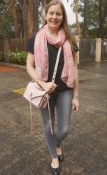 Monochrome Jeans And Tee Outfits With Pink Rebecca Minkoff Small Darren Bag
