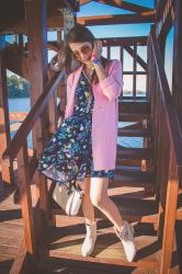 FLOWER DRESS AND PINK CARDIGAN 