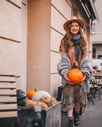 Leopard print skirt and grey sweater