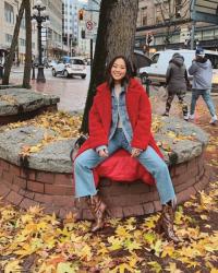 Red Faux Fur Coat and Jeans