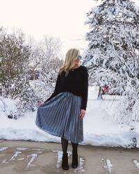 Holiday Outfit Idea: Metallic Pleated Skirt
