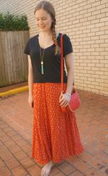 Plain Tees and Printed Maxi Skirts With Rebecca Minkoff Bags