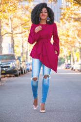 Belted Asymmetrical Hem Sweater + Ripped Jeans