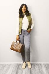 Olive Quilted Vest and Ivory Turtleneck