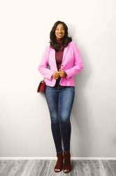 Bright Pink Blazer and Burgundy Turtleneck for Fall