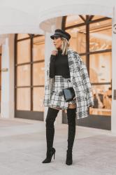 how to wear a black and white plaid checkered tweed set