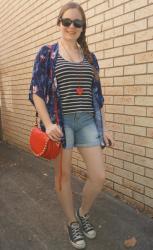 Print Mixing: Striped Tanks, Shorts and Floral Kimonos With Cross Body Bags