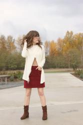 Red velvet skirt and tassel cardi