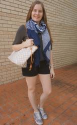Denim Shorts, Slouchy Tees, Printed Scarves and Louis Vuitton Neverfull Tote