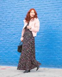 Pink Aviator Coat and Floral Maxi Dress