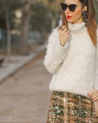 Cómo combinar una Falda midi de Lentejuelas en un Look cómodo y abrigado para Fiestas, Nochevieja o Reyes