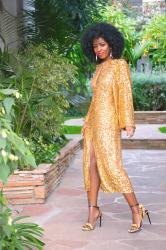 Sequin Blouson Sleeve Midi Dress