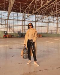 Black Patent Leather Pants and Camel Coat