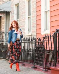 Vintage Inspired Floral Maxi Skirt and Denim Trucker Jacket Winter Style
