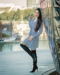 Overknee Boots & Striped Shirt Dress – Classy Daytime Lookbook