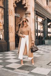 Hello January! Start the new year with a classic look. Camel Long Coat +White Culottes and how to save money on a designer bag