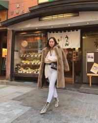 Teddy Coat, White Cardigan, and White Jeans