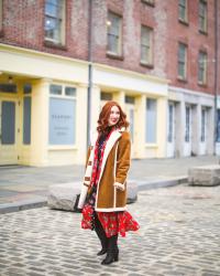 Tan Shearling Coat and ASOS Mixed Print Maxi Dress