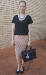 Plain V-Neck Tees With Textured Pencil Skirts, Statement Necklaces and Rebecca Minkoff Regan Bag | Weekday Wear Linkup