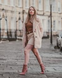 Faux Fur Coat With A Corduroy Skirt