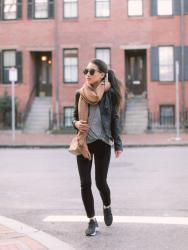Casualwear staples styled with sneakers, heels + boots