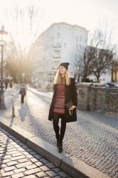 All the red tones | peplum top & bouclé skirt