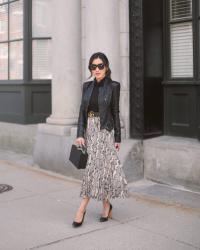 Pleated midi skirt + petite friendly moto jacket