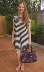 Striped Tee Dresses and Purple Balenciaga Work Bag