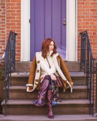 Textured White Sweater and Floral Maxi Dress with Boots 