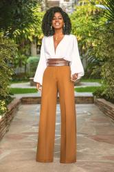 Bell Sleeve Bodysuit + High Waist Pintucked Pants