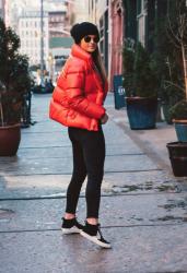 How To Style A Red Puffer Jacket: Daytime Casual