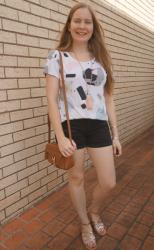 Printed Tees and Denim Shorts With Rebecca Minkoff MAB Camera Bag