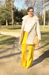 White lace and yellow pants
