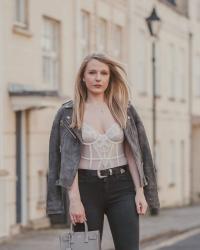 White Lace Bodysuit With Boots & A Suede Jacket