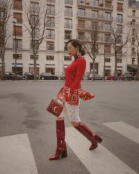 PFW 2019 Red Sweater, White Lace Skirt and the Chloe Mini C Bag