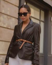 Off Duty PFW look – Black Leather Shirt and White Wide Leg Jeans